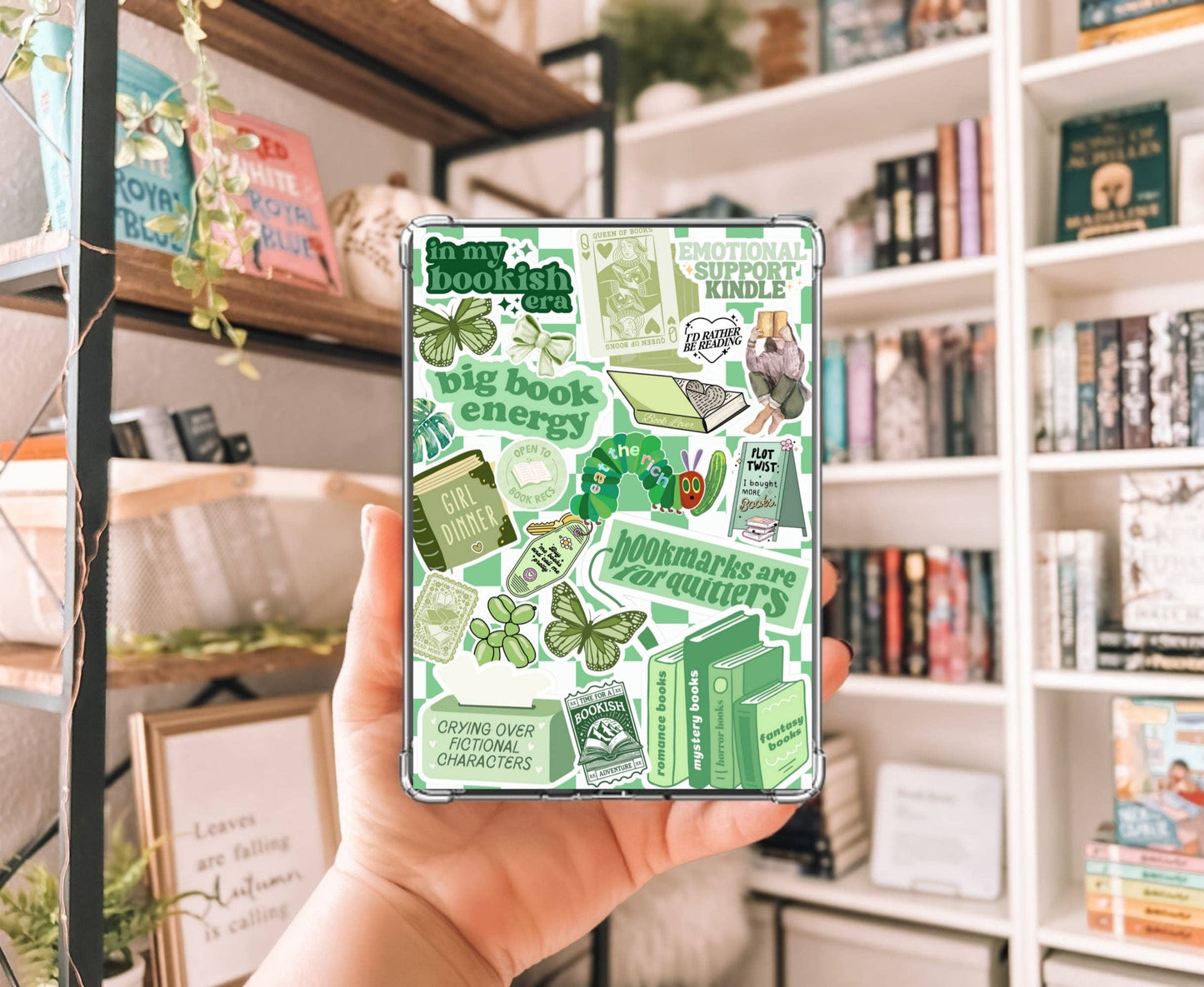 Green Bookish Collage Kindle Insert with Sparkly Overlay, Clear Case Kindle Paper Insert, Cozy Reader Accessory: Kindle Paperwhite 10th Gen