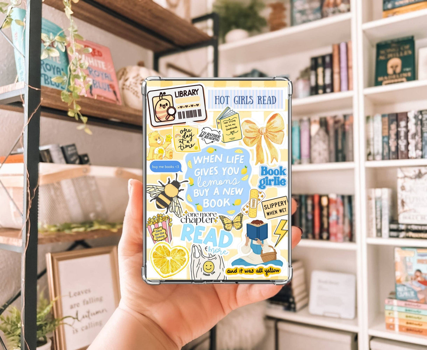 Lemon Bookish Collage Kindle Insert with Sparkly Overlay, Clear Case Kindle Paper, Cozy Reading Decor: Kindle Paperwhite 11th Gen
