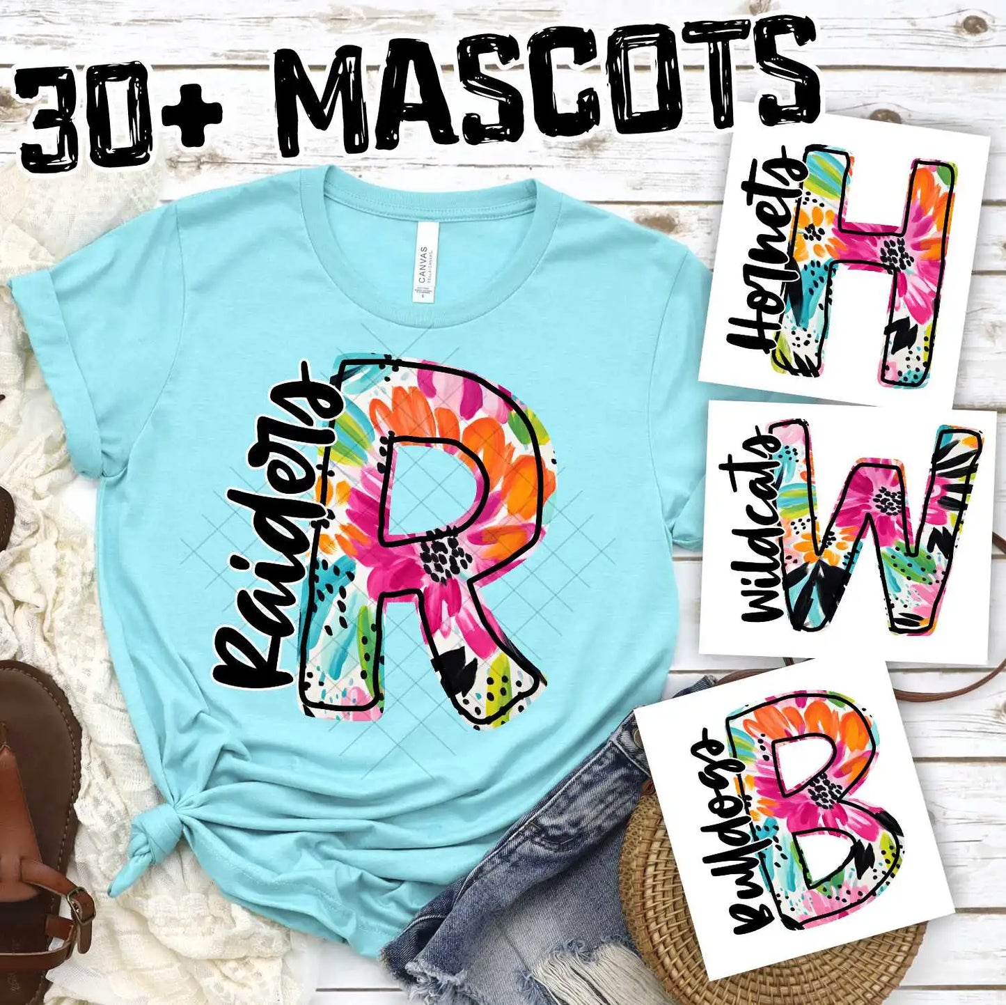 CUSTOM mascot multi color flower Initial with team on side
