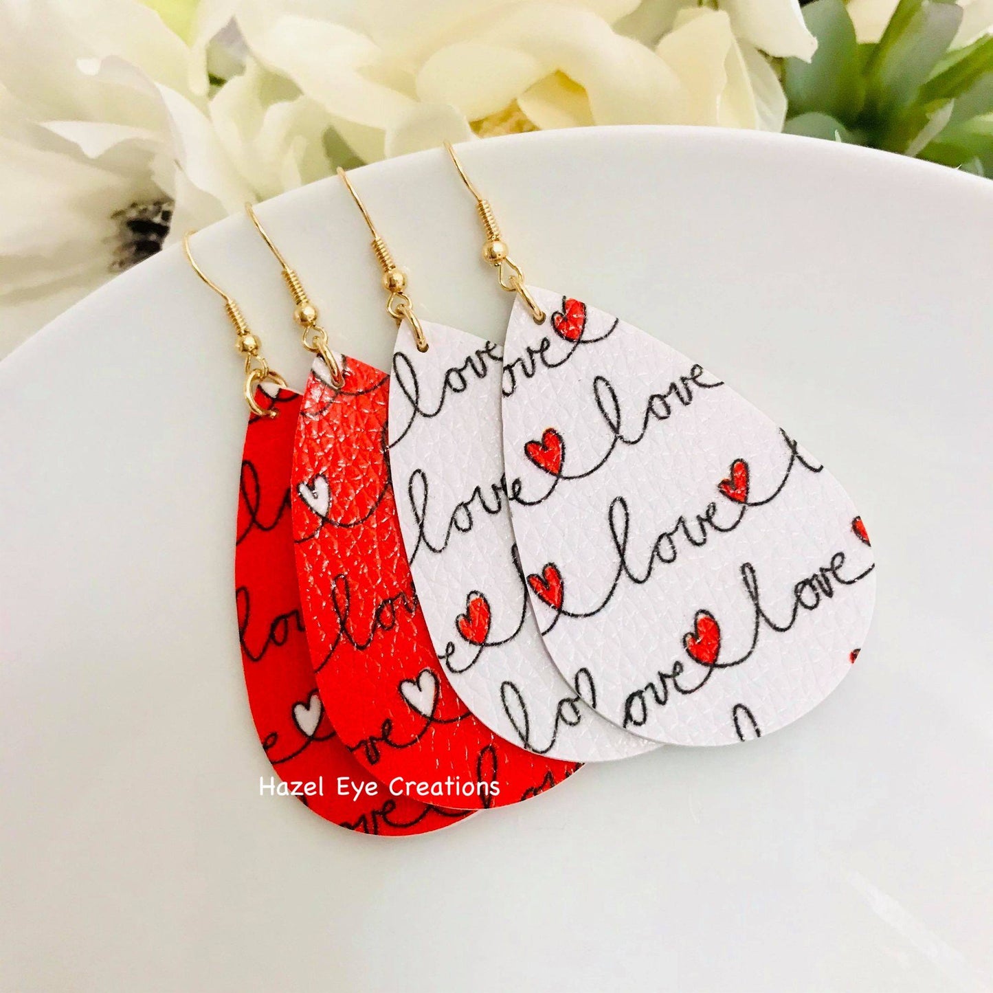 Love faux leather hanging tear drop earrings - red