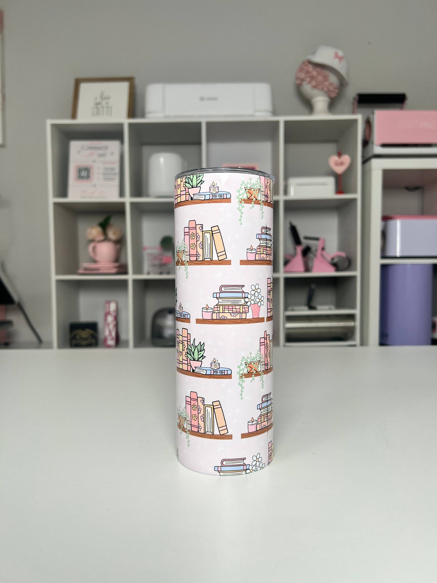 Bookshelf 20oz tumbler, Book Vibes quencher, Books and Plants 20oz custom tumbler