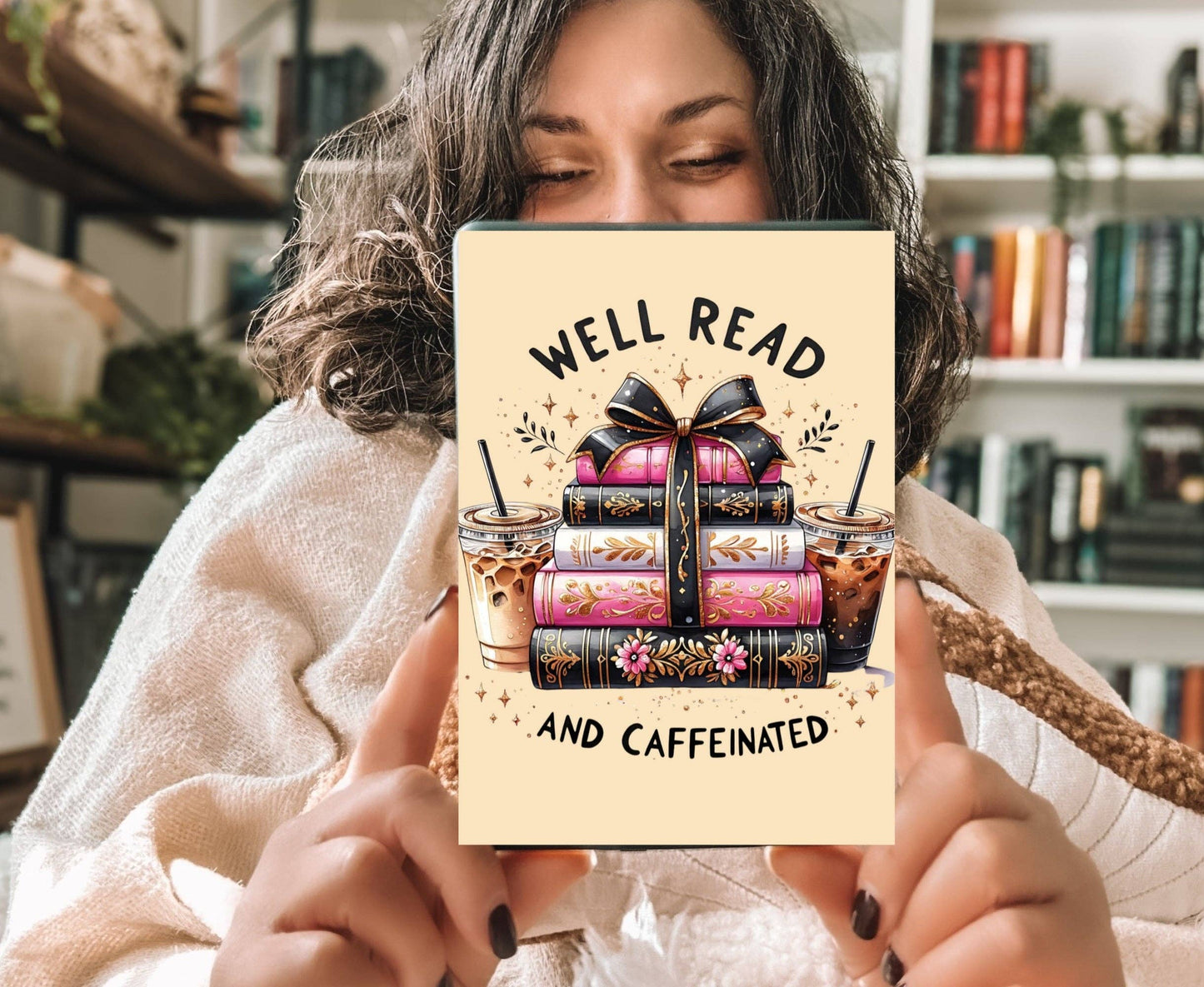 Well Read and Caffeinated Kindle Insert with Sparkly Overlay, Cozy Bookish Coffee Clear Kindle Case Insert: Kindle Paperwhite 11th Gen