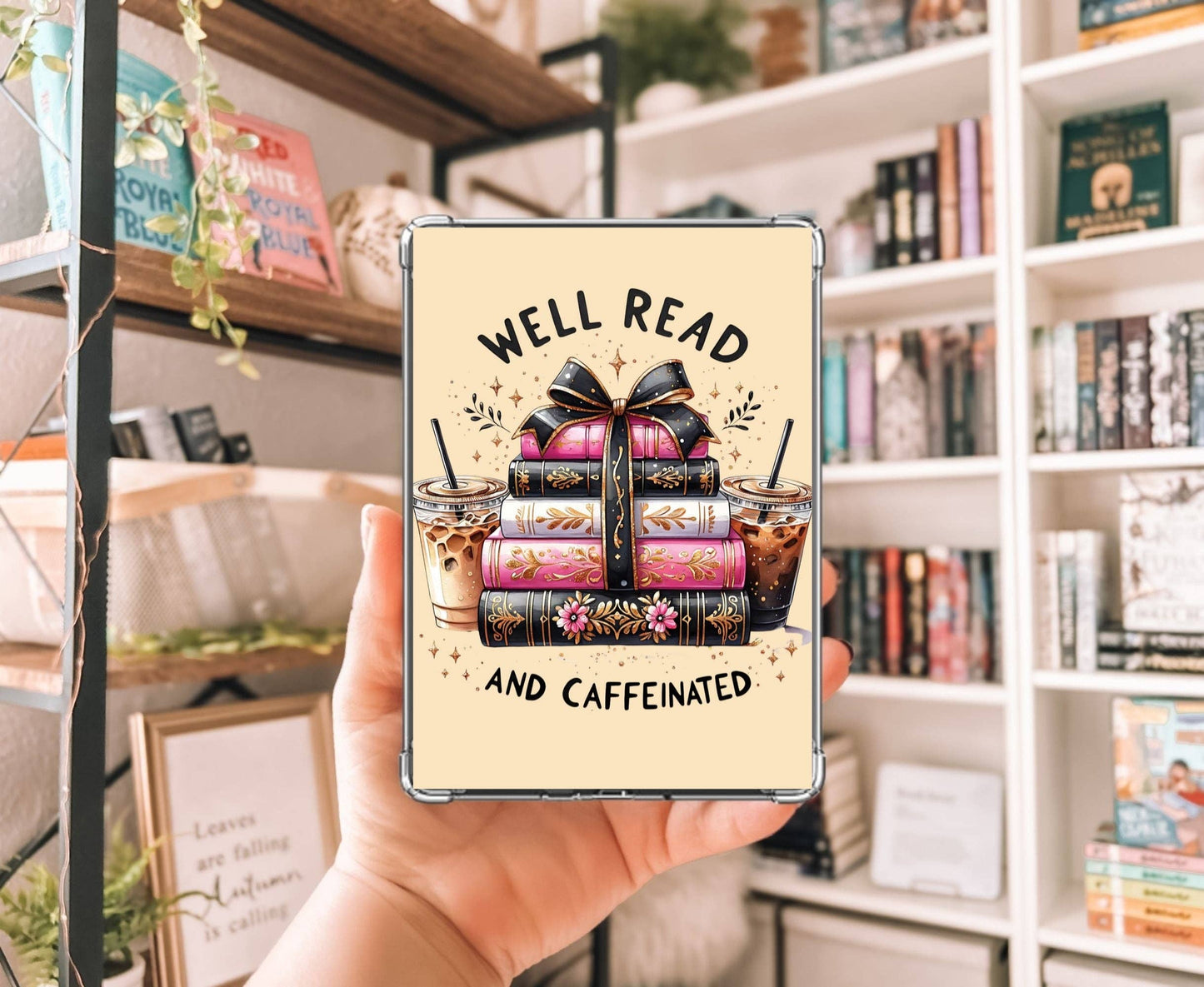 Well Read and Caffeinated Kindle Insert with Sparkly Overlay, Cozy Bookish Coffee Clear Kindle Case Insert: Kindle Paperwhite 11th Gen