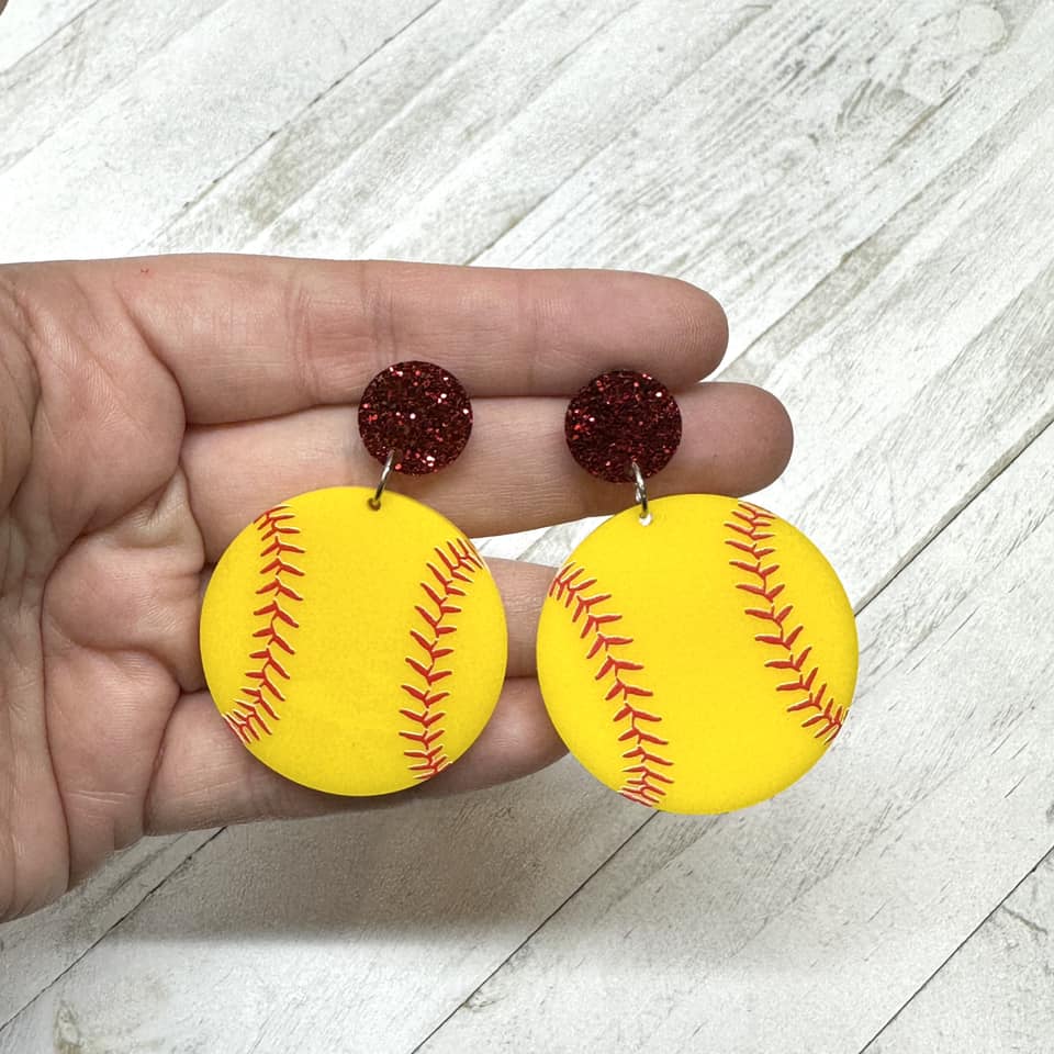 Softball Acrylic, red glitter stud