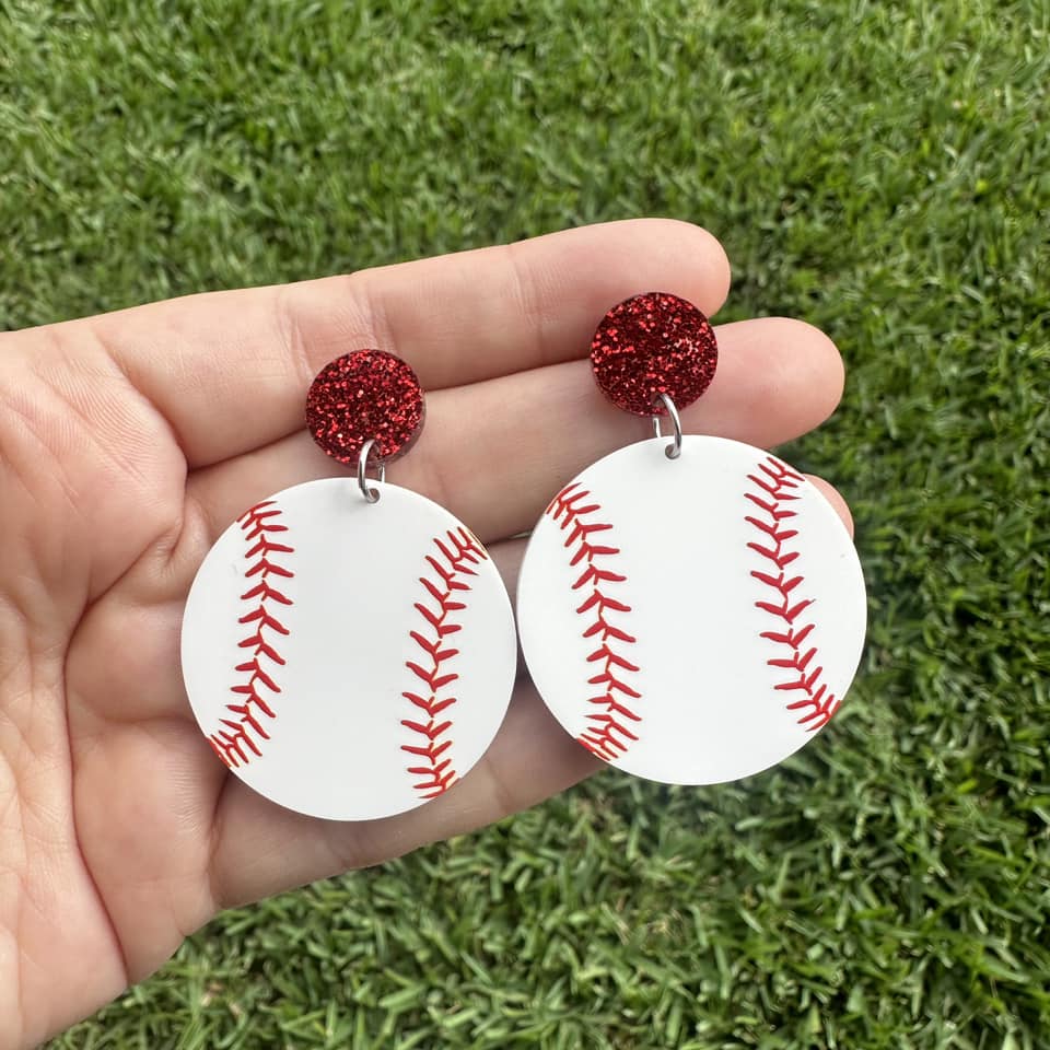 Baseball Acrylic, red glitter stud