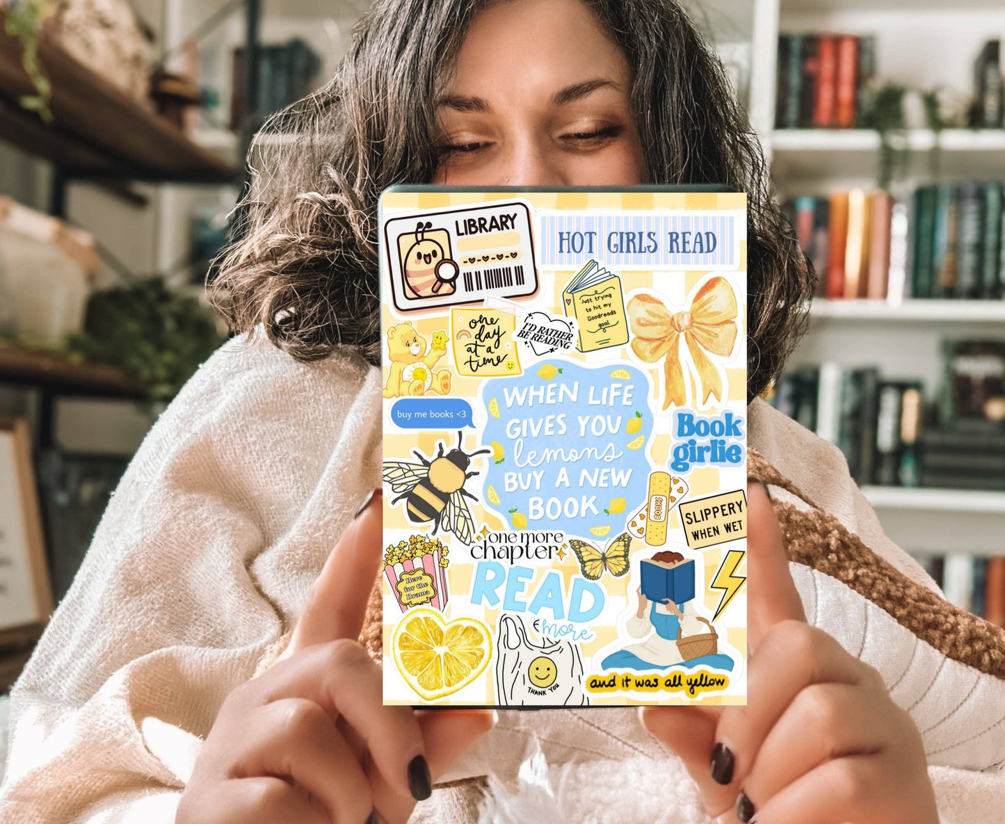 Lemon Bookish Collage Kindle Insert with Sparkly Overlay, Clear Case Kindle Paper, Cozy Reading Decor: Kindle Paperwhite 11th Gen