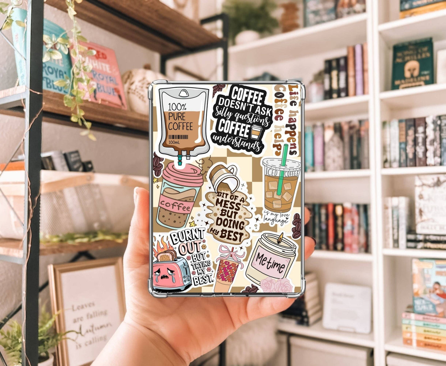Coffee Lover Kindle Insert with Sparkly Overlay, Cute Coffee Aesthetic Clear Kindle Case Insert: Kindle Paperwhite 11th Gen
