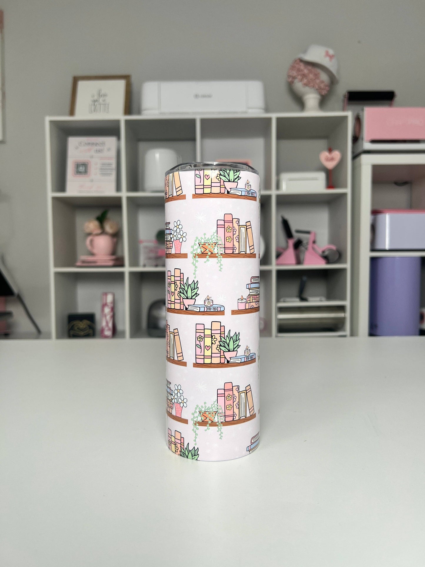 Bookshelf 20oz tumbler, Book Vibes quencher, Books and Plants 20oz custom tumbler