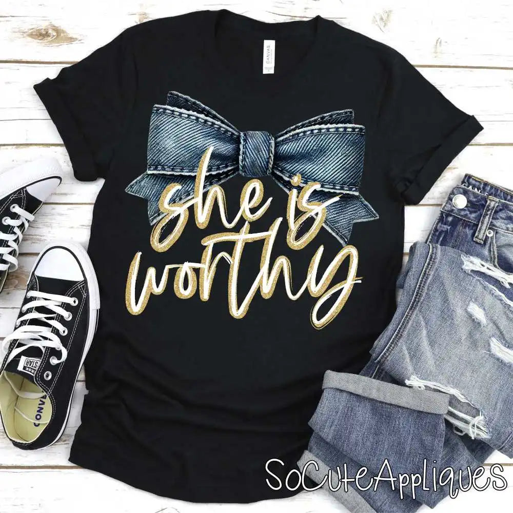 She is Worthy denim bow