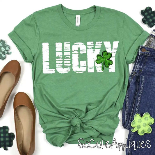 LUCKY distresedwith green glitter clover