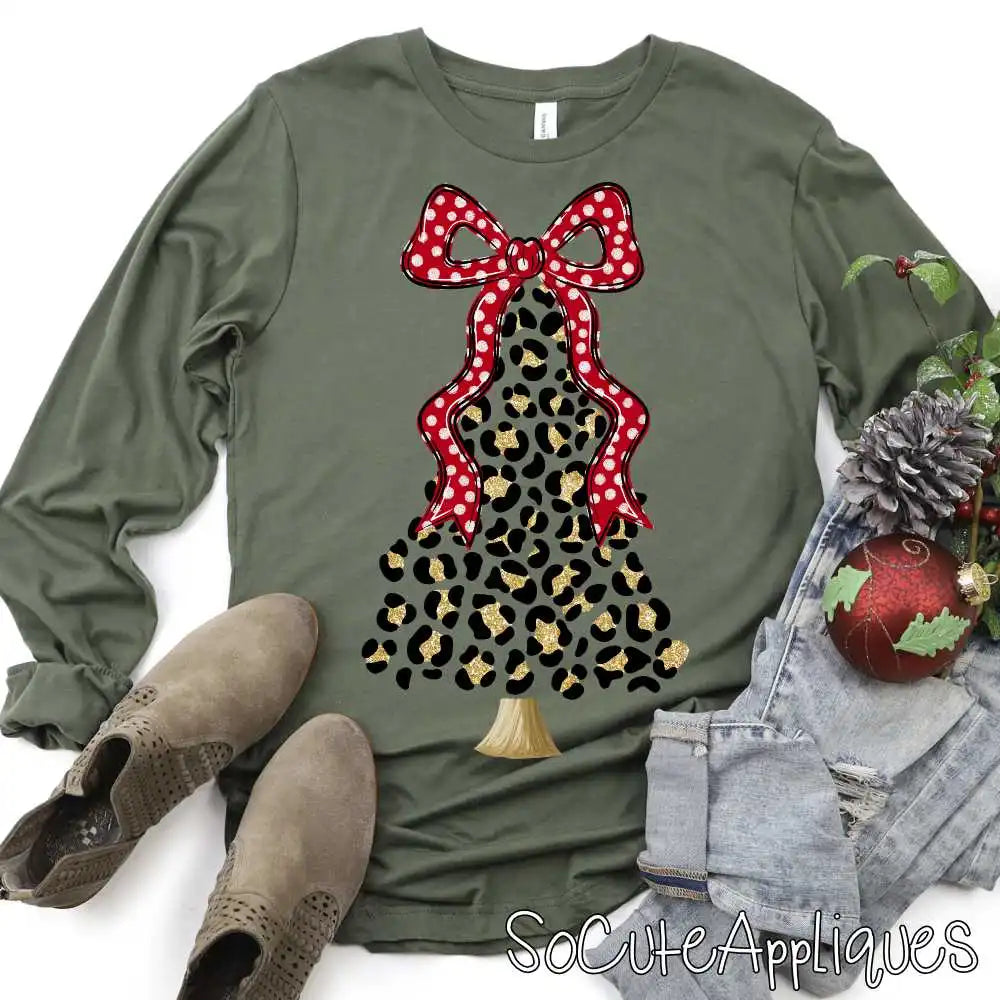 Leopard tree with red polka dot bow faux glitter