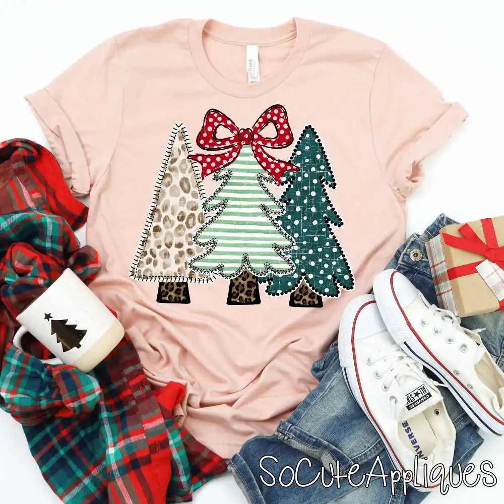 Tree trio check stripe dot red dot bow