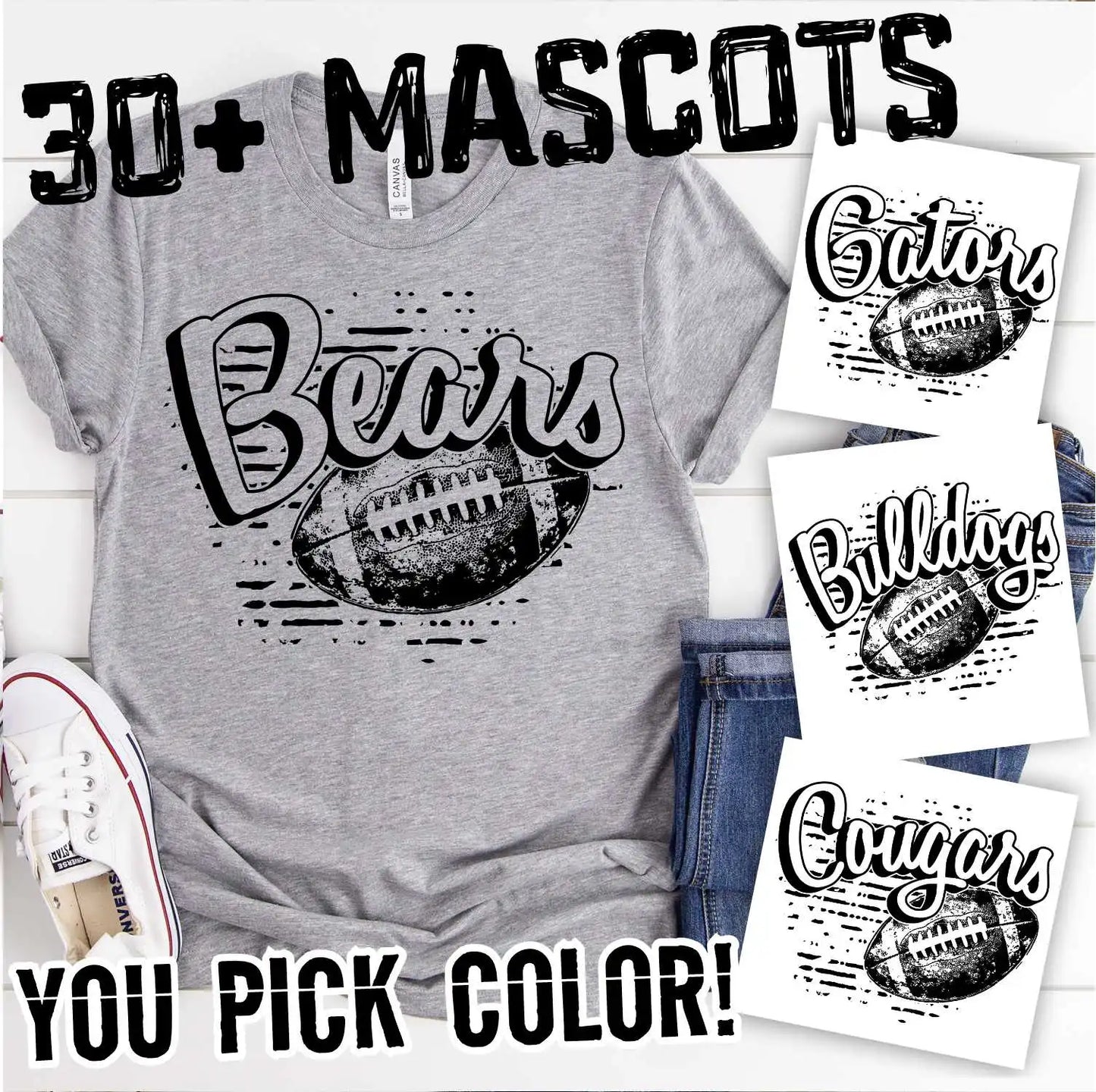 Arched Mascot football on stripes
