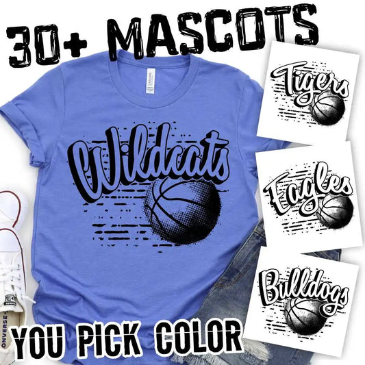 Mascot basketball arched on stripes