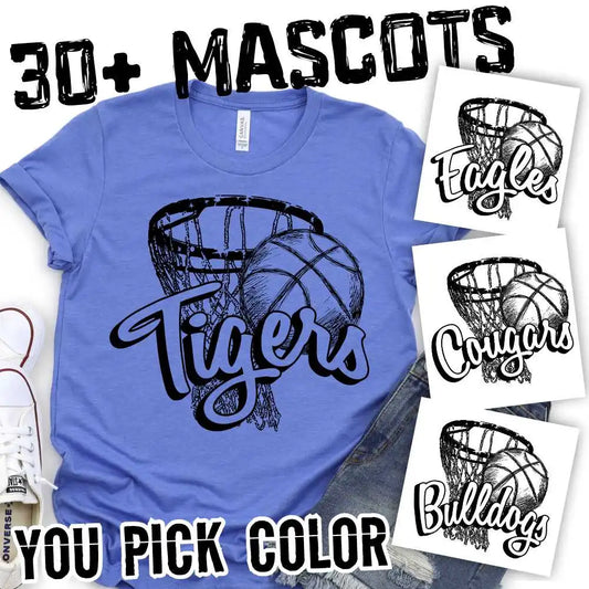 Basketball Mascot arched on net