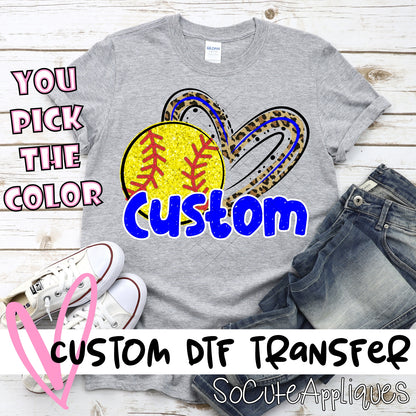 Sequin Softball with Leopard heart