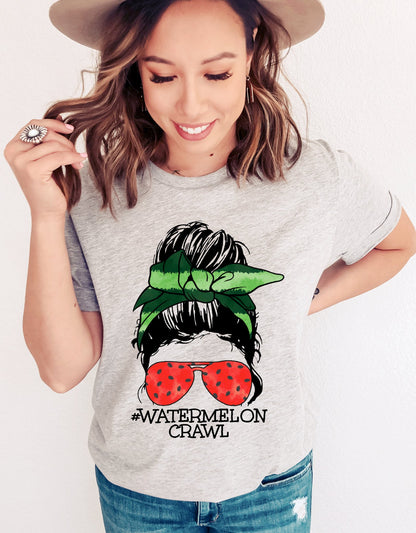Watermelon crawl messy bun