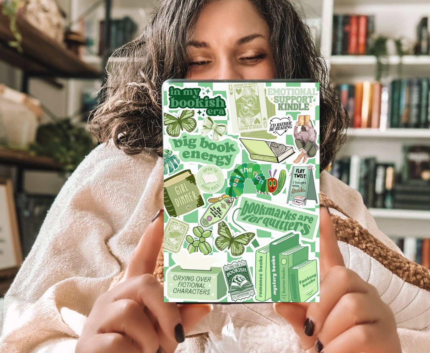 Green Bookish Collage Kindle Insert with Sparkly Overlay, Clear Case Kindle Paper Insert, Cozy Reader Accessory: Kindle Paperwhite 10th Gen