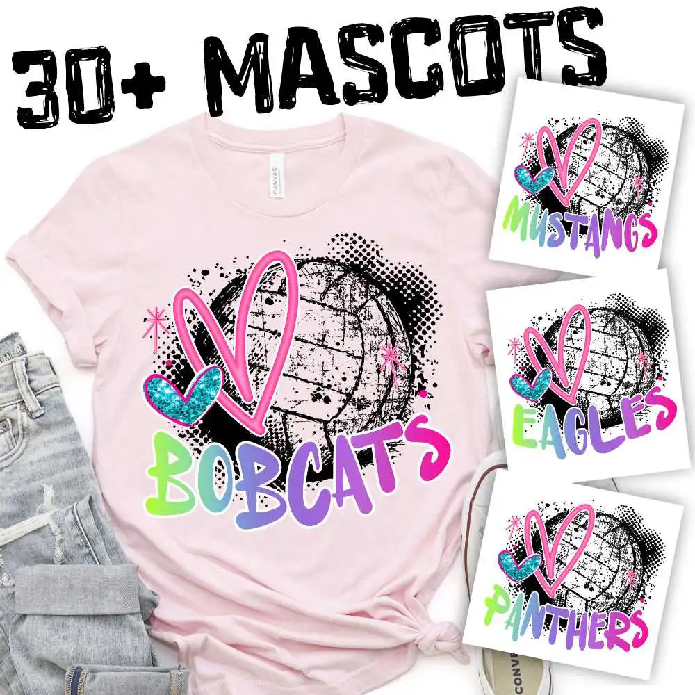 CUSTOM MASCOT Black VOLLEYBALL with pink heart and rainbow team name