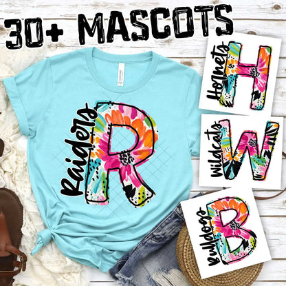 CUSTOM mascot multi color flower Initial with team on side