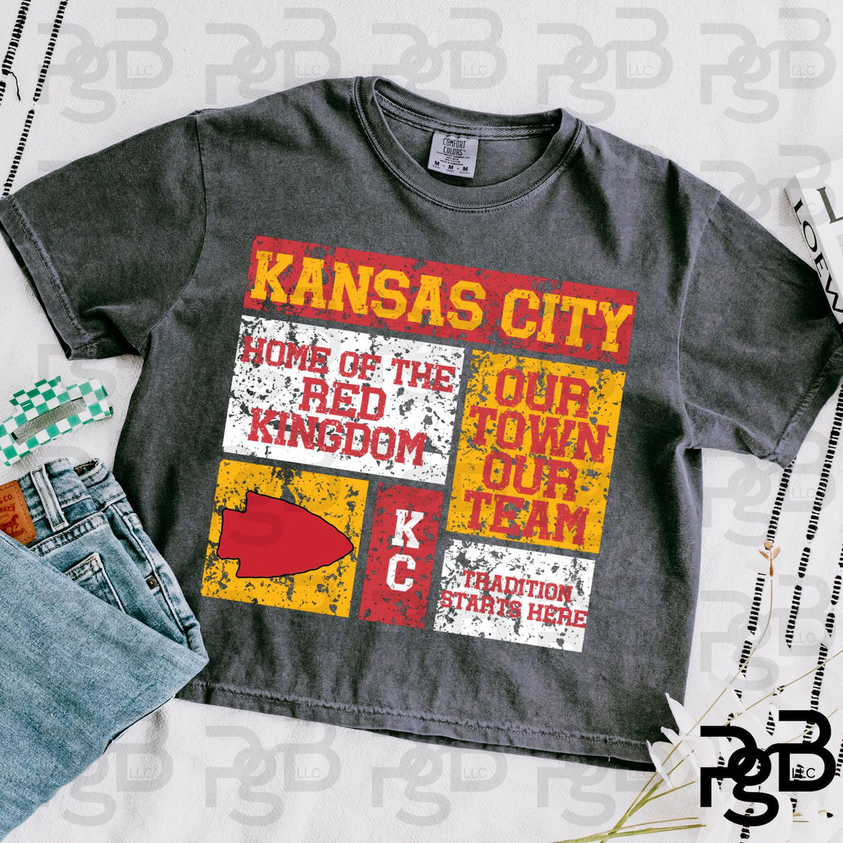 Kansas City Football Distressed Block Red Gold Design