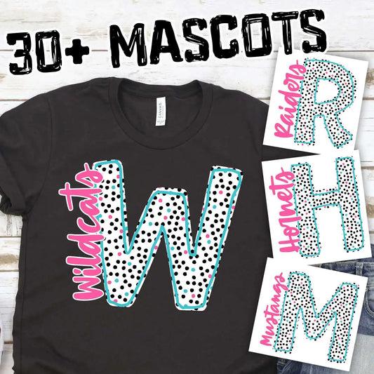 CUSTOM mascot Initial black pink blue dots with team on side