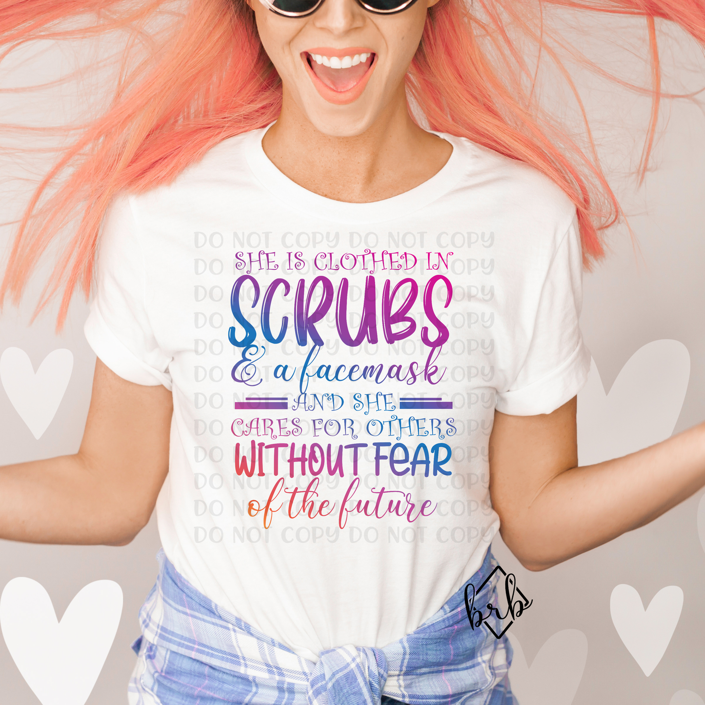 She is clothed in scrubs