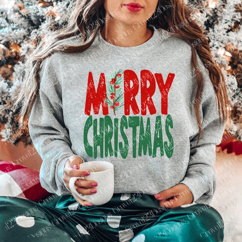 Merry Christmas distressed holly red green