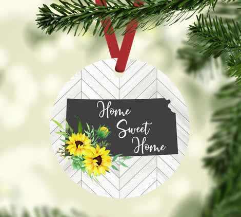 State of Kansas Home Sweet Home with Chevron Wood and Sunflowers Ornaments
