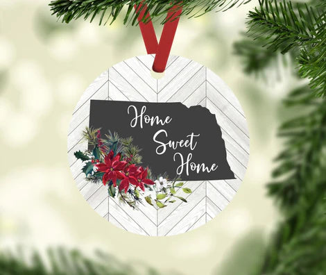 State of Nebraska Home Sweet Home with Chevron Wood and Poinsettias Ornament