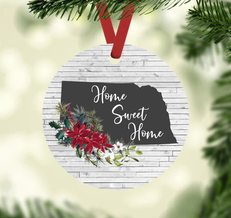 State of Nebraska Home Sweet Home with Wood Slat Background with Poinsettias Ornament